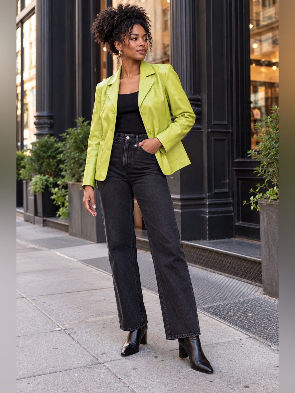 COMINT XL Genuine Leather Chartreuse Green Blazer Jacket Vintage Y2K